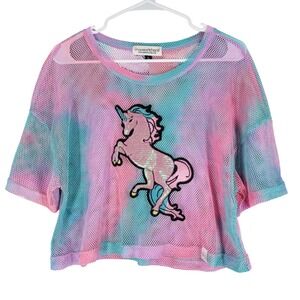 Marek+Richard Mesh Crop Top Large Pink Blue Tie Dye Sequin Unicorn Good Preowned